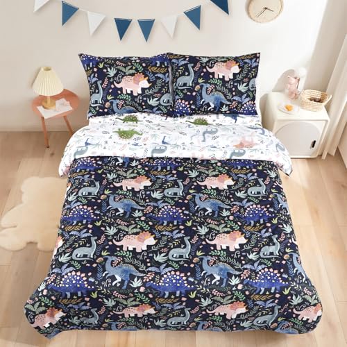 Image of Toddler Bedding Sets Twin Size for Girls, Dinosaur Toddler Crib Bedding Set 5 Piece Floral Toddler Comforter Set Includes Flat Top Sheet, Fitted Sheet, Comforter, Envelope Pillowcase, Soft & Comfort