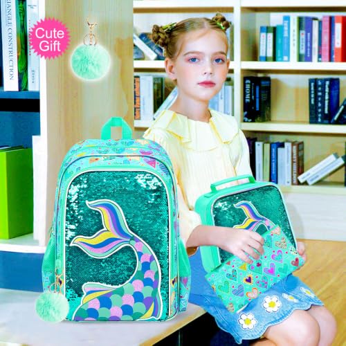 Image of CCJPX 16 inch Mermaid Backpack for Girls, 3Pcs Kids Sequin Bookbag with Lunch Box, Water Resistant Elementary School Bag for Kindergarten Preschool Toddler (Green)