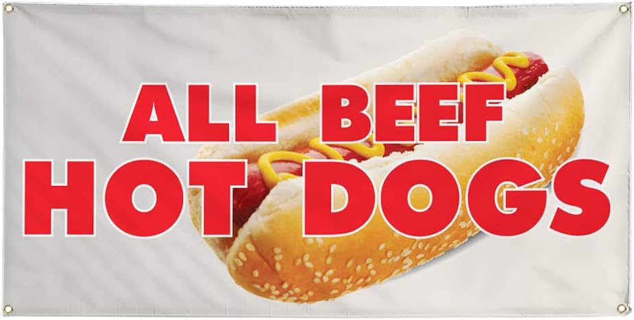 Vinyl Banner Multiple Sizes All Beef Hot Dogs Restaurant Cafe Bar Restaurant & Food Outdoor Weatherproof Industrial Yard Signs White 4 Grommets 16x40Inches