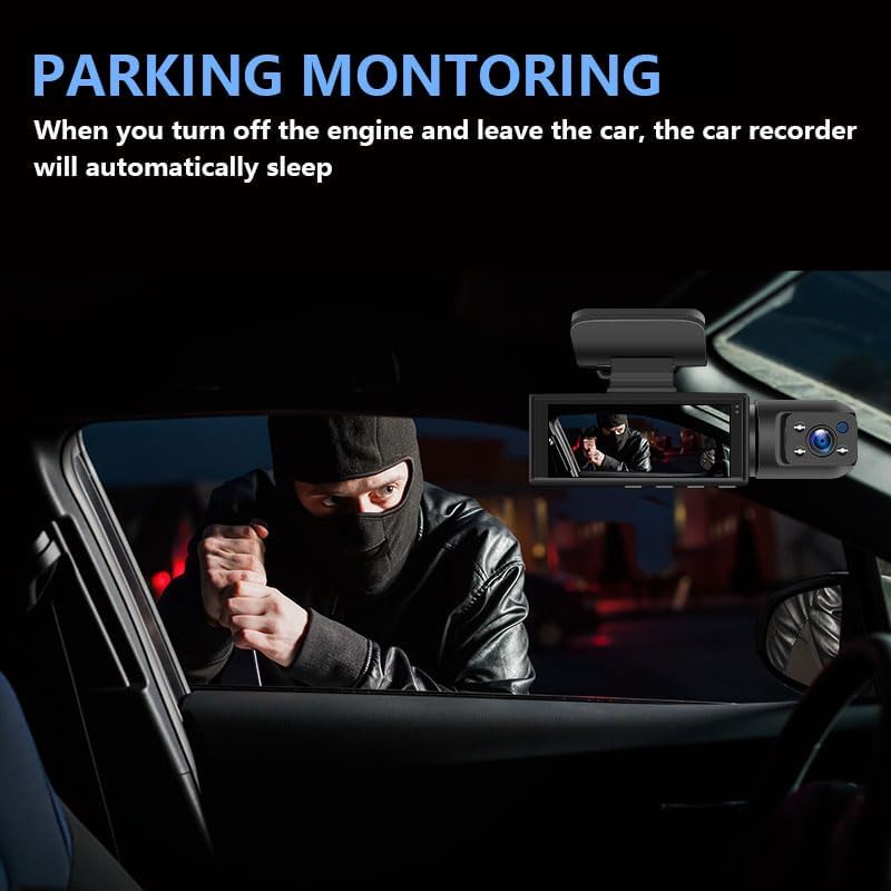 Image depicting a person attempting to break into a car, with the dash cam screen showing the incident, illustrating parking monitoring.