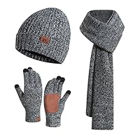 JTJFIT Gorro de tricô grosso quente para inverno 3 peças em 1 + cachecol longo + luvas de direção antiderrapantes para homens, Light Gray, One Size