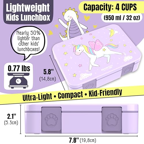 Image of BEARFOOT Kids Lunch Box with Compartments - Compact & Lightweight | Leak-Proof, BPA-Free, Dishwasher Safe | Hand-Drawn Design for Preschool, School, Travel (Unicorn Purple, 4 Cups)