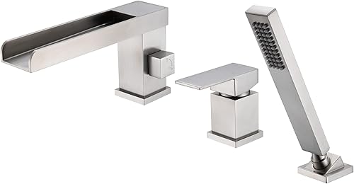 Miniatura 8 de SUMERAIN Grifo de bañera romana en cascada con ducha de mano, grifo de bañera de 3 agujeros con desviador de ducha acabado cromado