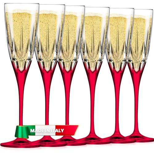 Avilia Juego de 6 copas para champán o prosecco de 17 cl con base roja – Fabricadas en Luxion resistente y duradero, ideales para aperitivos, fiestas o cenas familiares – lavables en lavavajillas