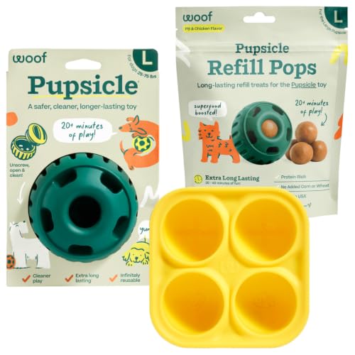 WOOF-Starter-Pack-Interactive-Dog-Ball-Toy-for-Boredom-Dog-Treat-Molds-Silicone-Chicken-Flavored-Healthy-Treats-for-Dogs-Pupsicle-Doggy-Enrichment-Toy-for-Large-Pups-25-75-lbs WOOF Starter Pack - Interactive Dog Ball Toy for Boredom - Dog Treat Molds Silicone - Chicken-Flavored Healthy Treats for Dogs - Pupsicle Doggy Enrichment Toy - for Large Pups - 25-75 lbs - Image 1