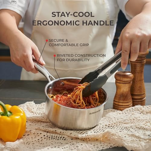Image of SUNHOUSE 3 QT Sauce Pan with Lid, Full Clad 3-Ply Stainless Steel Saucepan | Small Cooking Pot & Milk Pan - Induction Compatible - PFOA Free, Oven & Dishwasher Safe, Stay-Cool Handle