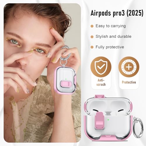 Image of Compatible Airpods Pro 3 Case (2025) with Phone Stand & Cleaner Kit,Print Soft Silicone Lock Clip Apple AirPods Pro 3rd Generation Case, Airpod Pro 3 Cover with Keychain for Women /Girls,Pink