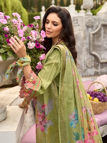 Image of INDO ERA Women's Anarkali Pure Cotton Floral Printed Embroidered Kurta & Pant with Dupatta Set (IEOUT10688)