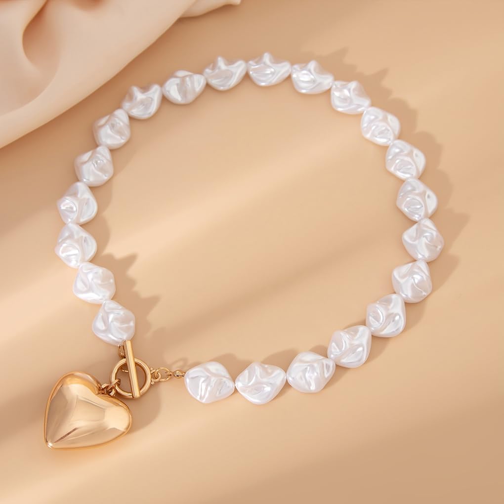 Chunky Gold Big Pearls Heart Pendant Necklaces for Women Baroque Pearl Statement Choker Necklace OT Toggle Love Necklace Jewelry Accessories - Image 6