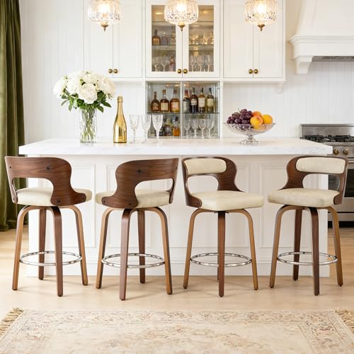 Image of Swivel Bar Stools Set of 4, 26 inch Counter Height Bar Stools, Mid-Century Modern PU Leather Modern Island Chairs with Back and Footrest, for Kitchen, Bar, Restaurant, Cafe (Beige Gray)