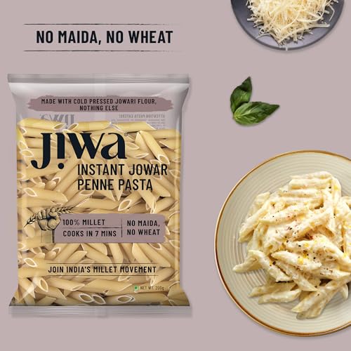 Image of Jiwa Instant Jowar Penne Pasta | Cooks in 7 minutes | Ready to Cook | 100% Millet | No Maida, No Atta | Gluten Free | 200 g (Pack of 3)