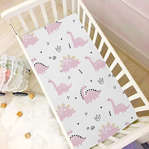 Image of Fitted Crib Sheets Baby Pink Dinosaurs Stretchy Portable Playard Sheets for Baby Toddler, Breathable Soft Mini Crib Mattress 52 x 28 in for Boys and Girls