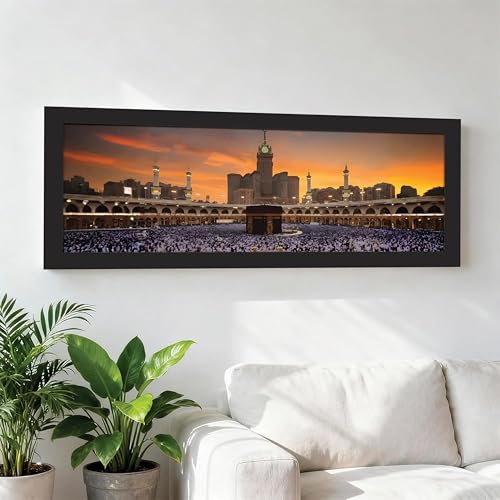 Image of PAINTINGMANTRA Makka Madina Kaaba Islamic Arabic Landscape Wall Art Framed Luxury Paintings for Home Decoration, Living room, Bedroom and Office Decoration (99x38 CM)