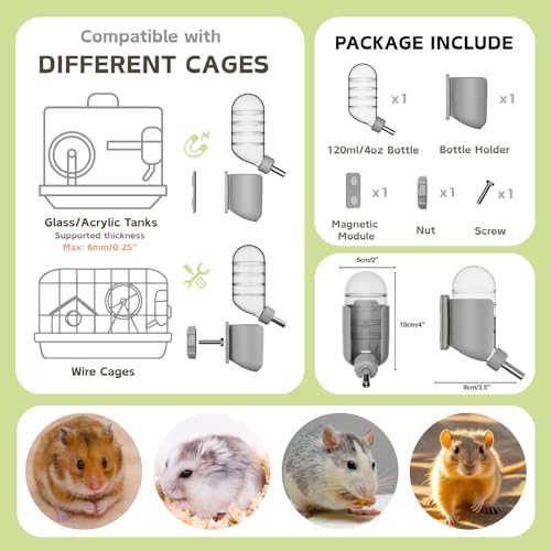 Hamster Water Bottle with Magnetic Holder, Freestanding Water Bottle for Glass Tanks, Suitable for Syrian Dwarf Hamsters Gerbils Mice Rats Degus (Grey, 4 oz (Magnetic-Mounted)) - Image 4