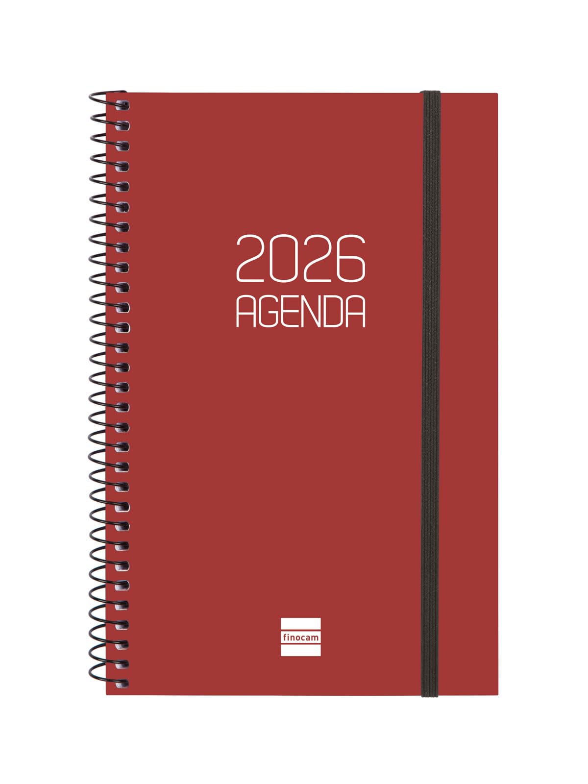 Finocam - Spiral Agenda 2026 Week to View Horizontal | January - December (12 months) | 2026 Yearly Agenda with Rubber | Polypropylene Spiral Cover Opaque - Bordeaux - Catalan