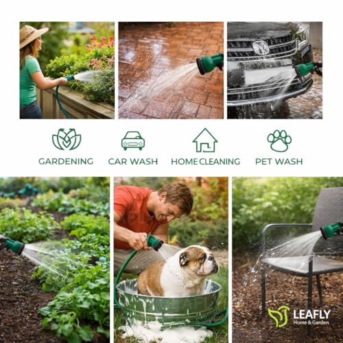 Image of Leafly Heavy Duty Garden Hose Pipe | 1 /2 Inch Flexible Water Pipe with Double Latex Core Braided Anti-Kink Outer Layer 8-Pattern SprayGun, Tap Connector & 2 Clamps | Leak-Proof, UV-Resistant (20M)