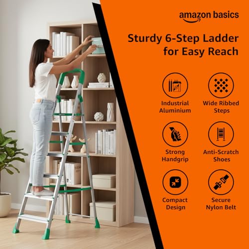 Image of Amazon Basics Clamber Pro - Foldable Step Ladder, Firm Grip, 6 Steps (Aluminium Steps, Green & Satin)