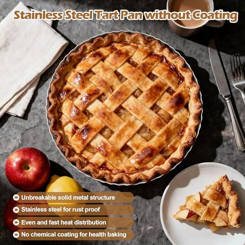 E-far 9.5 Inch Tart Pan, Stainless Steel Pie Quiche Pan Baking Dish for Oven, Reusable Pie Plate Tin with Fluted Edge & Seamless Bottom, No Leakage and Dishwasher Safe, Mirror Silver - Image 6