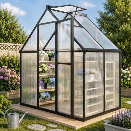6x4 FT Greenhouse for Outdoors Polycarbonate Greenhouse with Quick Setup Structure and Roof Vent Aluminum Large Walk-in Green House for Outside Garden Backyard Charcoal Black