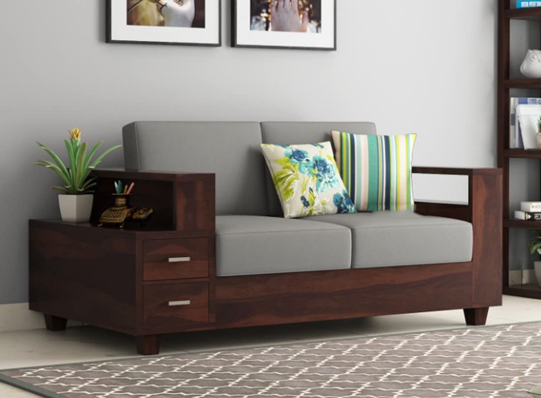 Wopno Furniture Sheesham Wooden 2 Seater Sofa for Living Room | Solid Wood Sofa with Side Box Storage & Cushion | Rosewood Sofa Set for Home & Office | Lounge (Walnut, 2 Seater)-image-23