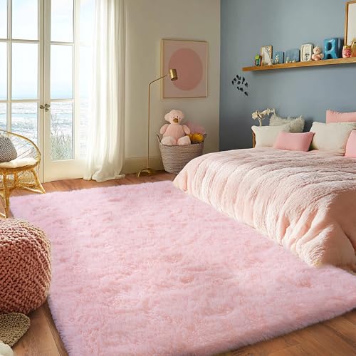 Pink Rug for Living Room, 6x9 Area Rug for Cute Girls Room, Bedside Indoor Floor Fluffy Shag Carpet, Plush Soft Rug for Bedroom Nursery Dorm Home Decor
