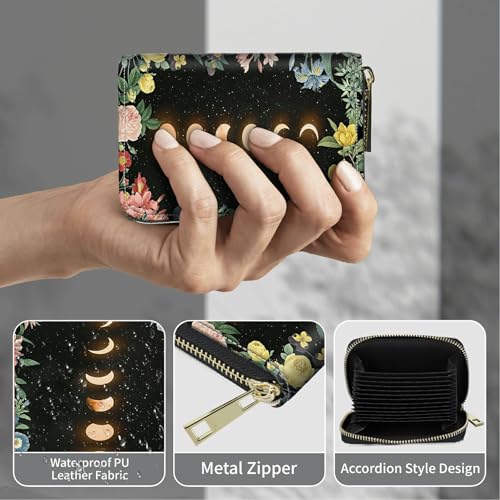 Image of Cute Credit Card Holder with Zipper, Moon Flower RFID-Blocking Card Case Small Wallet for Women Men, Multi-slot Card Organizer Case Travel Accordion Wallet
