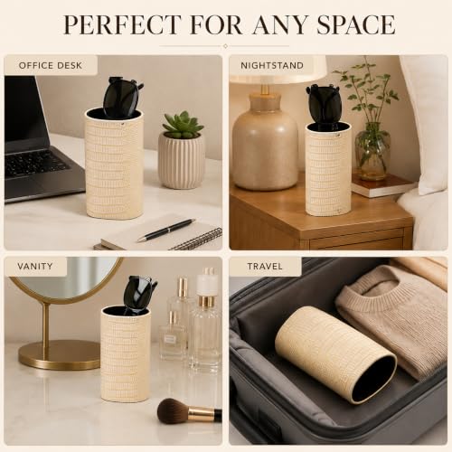 Image of Calabria Desktop Eye Glasses Holder Soft Lining Weighted Base Eyeglasses Stand Case Desks Nightstands PU Leather Mens Womens