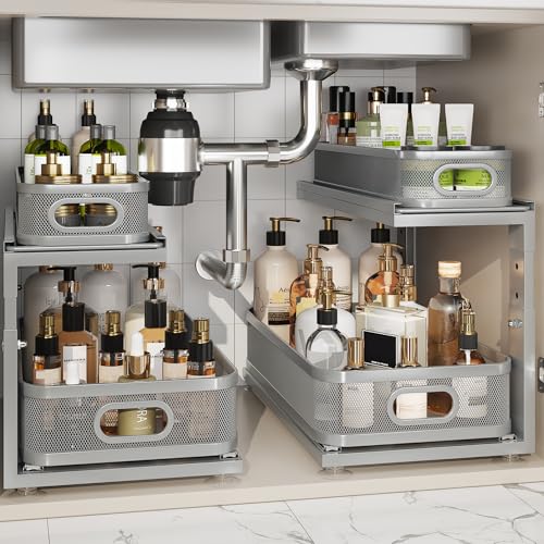 Image of 2 Pack 18.5IN-Depth Under Sink Organizer With Next-Gen Ball-Bearing Slides,2-Tier Precision Mesh Pull Out Cabinet Storage for Bathroom&Kitchen,Height Adjustable Drawers Shelf,Anti-rust-Grey