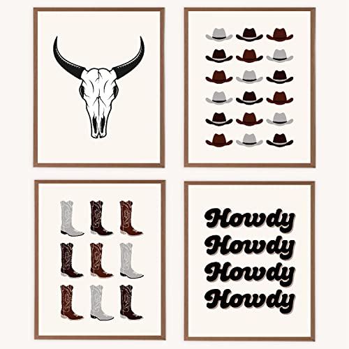 Image of VNWEK Retro Beige Brown Preppy Howdy Western Bull Skull Cowboy Hat Boots Wall Art Poster Prints Unframed 12”x16”Set Of 4,Western Preppy Decorations for Home Preppy Room Dorm,Teen Girls Gifts