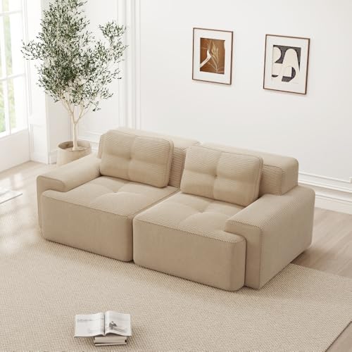 Sofá de 2 plazas, sofá modular, sofá acolchado sin marco de compresión al vacío con 2 cojines, relleno de espuma 32D de alta densidad, sin montaje, beige (asiento prof. 74 + reposabrazos ancho. 30)