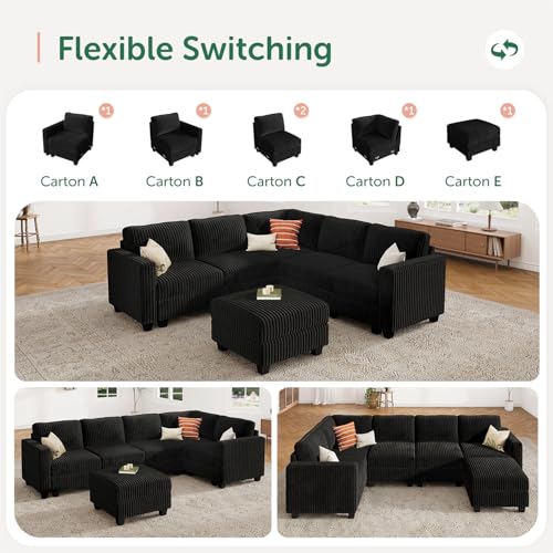 HONBAY Corduroy Modular Sectional Couch with Storage L-Shaped Sectional Couches for Living Room 6 Seater Modular Sectional Sofa, Black - Image 5