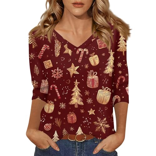 Christmas Shirts for Women, Viskose Bluse Damen 3/4 Arm, Plus Size Weihnachts Bluse mit Schneeflocken & Rentier-Druck 3/4-Ärmel V-Ausschnitt...