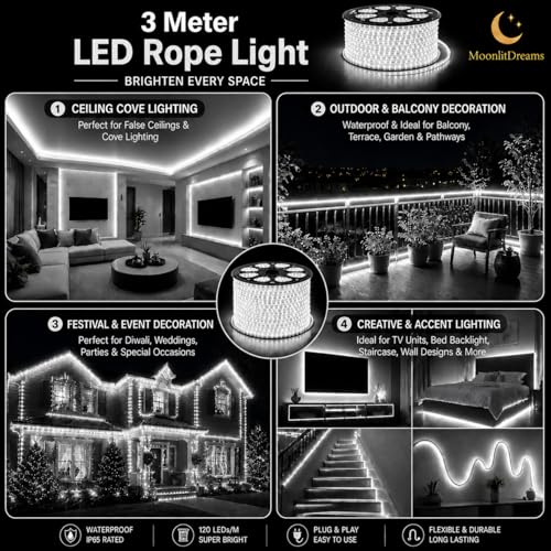Image of MoonlitDreams 3 Meter LED Rope Light for Decoration - Waterproof White SMD Cove Light for Ceiling, Home Decor, LED Pipe Light for Diwali, Festival, Indoor, Outdoor Use