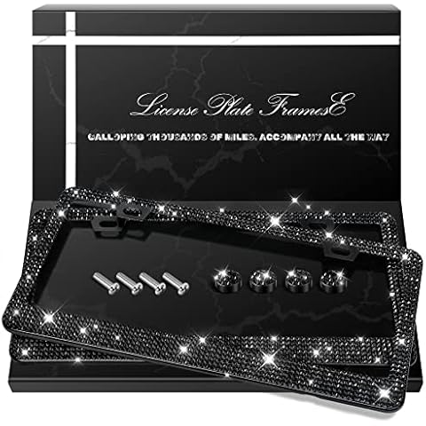 QUANQIUFEI 2 Pack Bling License Plate Frames, Sparkly Rhinestone Diamond Car License Plate Cover for Women, Stainless Steel Car Accessories with Glitter Crystal Caps (Black) Cover