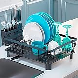 Marctani Escurreplatos de Acero Inoxidable - Escurridor de Platos de Alta Capacidad - Estante de Secado de Metal con Soporte para Cubiertos Extraible y Caño de Drenaje Giratorio (1 Piso, Negro)