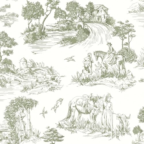 lenify Green Toile Peel and Stick Wallpaper Vintage Contact Paper 16.9inch x 118.1inch French Country Contact Paper Toile Farmhouse Self-Adhesive Removable Wallpaper for Bedroom Decorative Vinyl