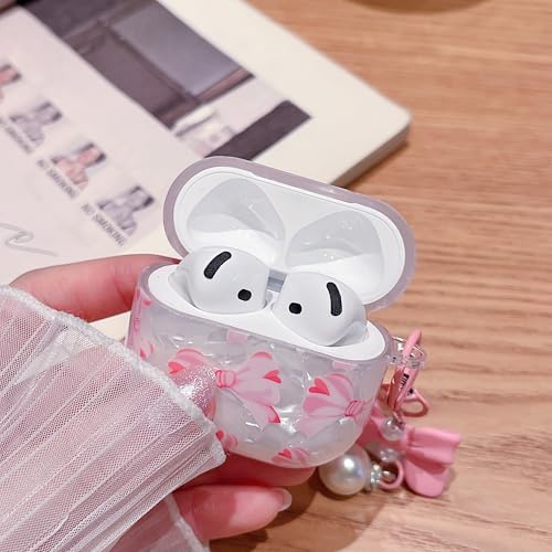 Image of MINSCOSE for Cute Glitter AirPods 4 Case,Shell Pattern Pretty Bow Design with Trendy Floral Keychain,Soft TPU Protective Cover with Cleaner Kit for Girls Women for AirPods 4-Pink