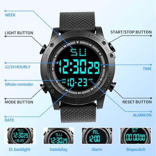 OFFCUP Reloj Digital para Hombre, Impermeable Reloj para Hombre, Reloj Deportivos de TPU Correa con Luz Trasera LED, Alarma, Fecha, a Prueba de Golpes, Relojes de Pulsera para Hombre (Negro,B) - imagen 4