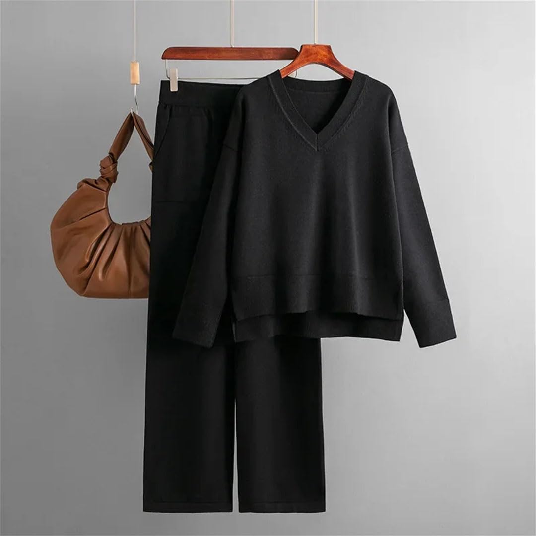 Inverno Allentato Maglia 2 Pezzi Set Donna Scollo A V Maglione Pullover Split Top Casual Pantaloni A Vita Alta Outfit