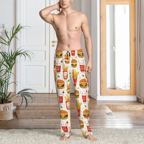 Mens Pajama Pants - Cute Burger Fries Print Soft Sleep Lounge Pants For Men, Casual Pj Bottoms With Pockets2