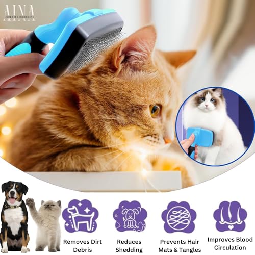 Image of AINA Self-Cleaning Pet Grooming Brush | Pet Slicker Brush for Dogs & Cats Detangling & Fur Removal with Click Clean Button | Effective & Comfortable Pet Deshedding Brush, Perfect for Pet Grooming