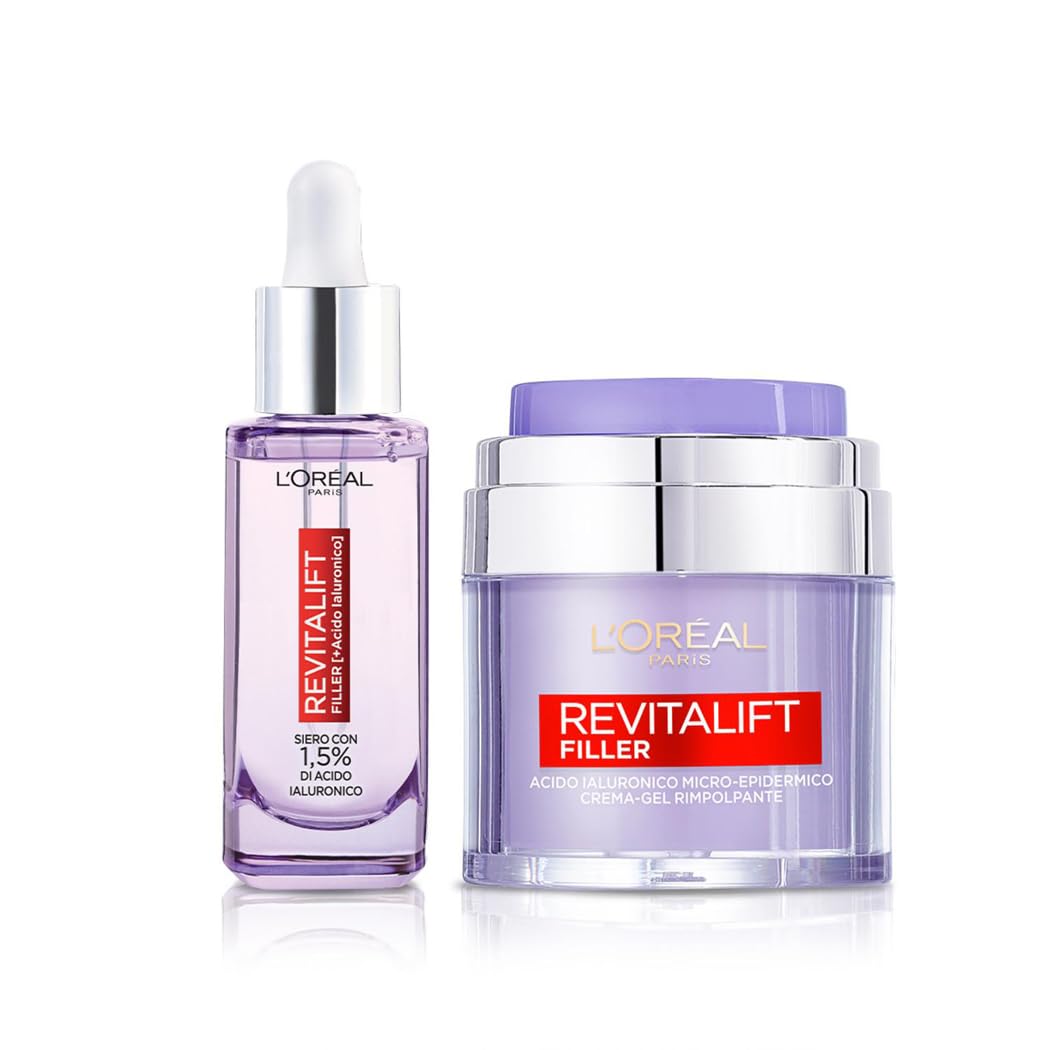 L'Oréal Paris Routine Rimpolpante e Anti-rughe, Con Siero Viso e Crema-Gel, Pelle Idratata più a Lungo, Rughe Ridotte, Con Acido Ialuronico, Revitalift Filler