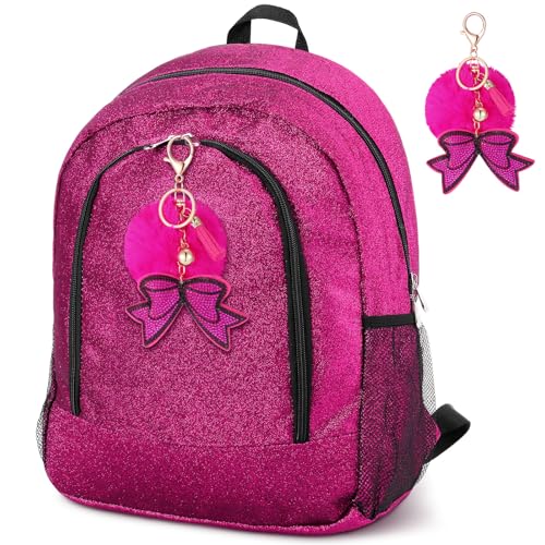 Noveread Mochila Cheer com laço de torcida, chaveiro, cheerleading glitter, mochila de presente para líderes de torcida, bolsas de torcida para esportes, Rosa choque, Large
