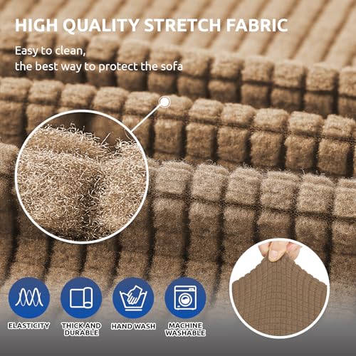 KEKUOU Stretch Loveseat Sofa Cover Slipcover,Couch Covers for 2 Cushion Couch Sofa (55"-78") Furniture Protector Sofa with Elastic Bottom for Kids,Dog. Jacquard Small Checked(Medium,Camel)