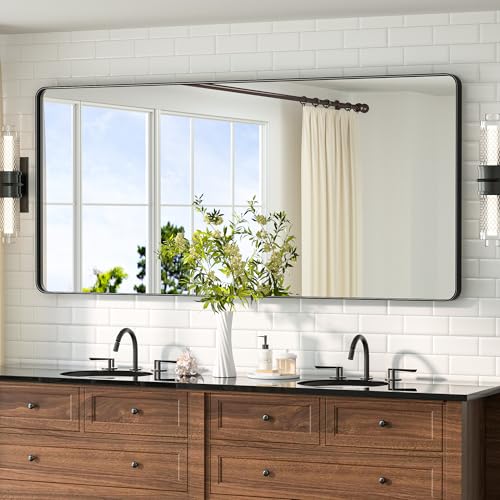 Image of TETOTE Black Framed Mirrors for Bathroom 60 x 28 Metal Framed Bathroom Vanity Mirrors, Tempered Glass, Wall Mounted, Entryway, Bedroom, Living Room(Horizontal /Vertical)