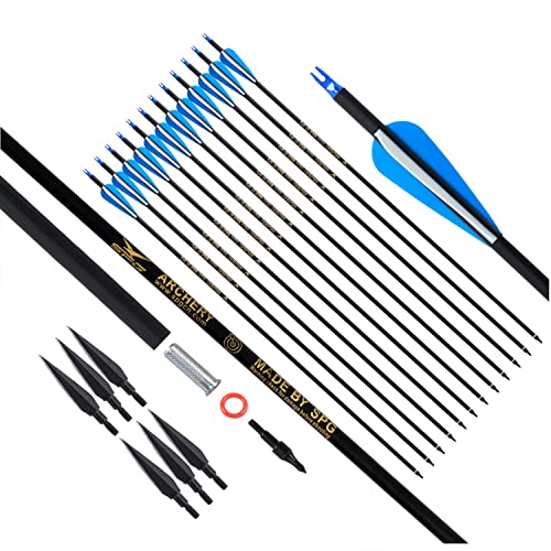 SOPOGER Archery 30inch Carbon Arrows 12 Pack and 6 Pack Hunting Broadhead Set Archery Arrow for Compound Bow & Recurve Bow Spine 500 Hunting Arrow with Removeable Tips Practice Target Shooting (Blue)