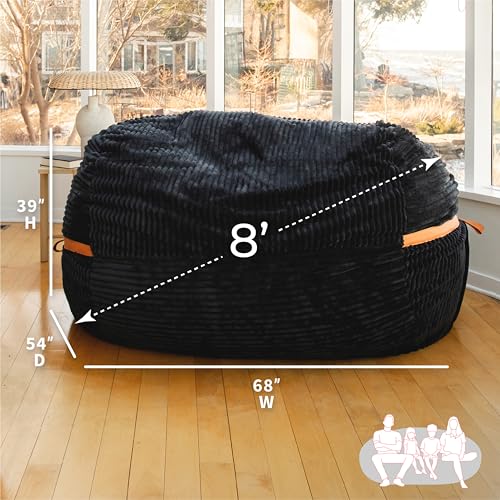 Image of Big Joe Fuf 8Ft Giant Foam Bean Bag Chair, Oversized Couch with Removable Cover for Kids, Teens, Adults, Black Licorice Corded Plush, 8 Foot