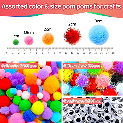 image for Iooleem Multi-Color Pom Poms, 1200pcs Assorted Size & Color, Pom Poms 