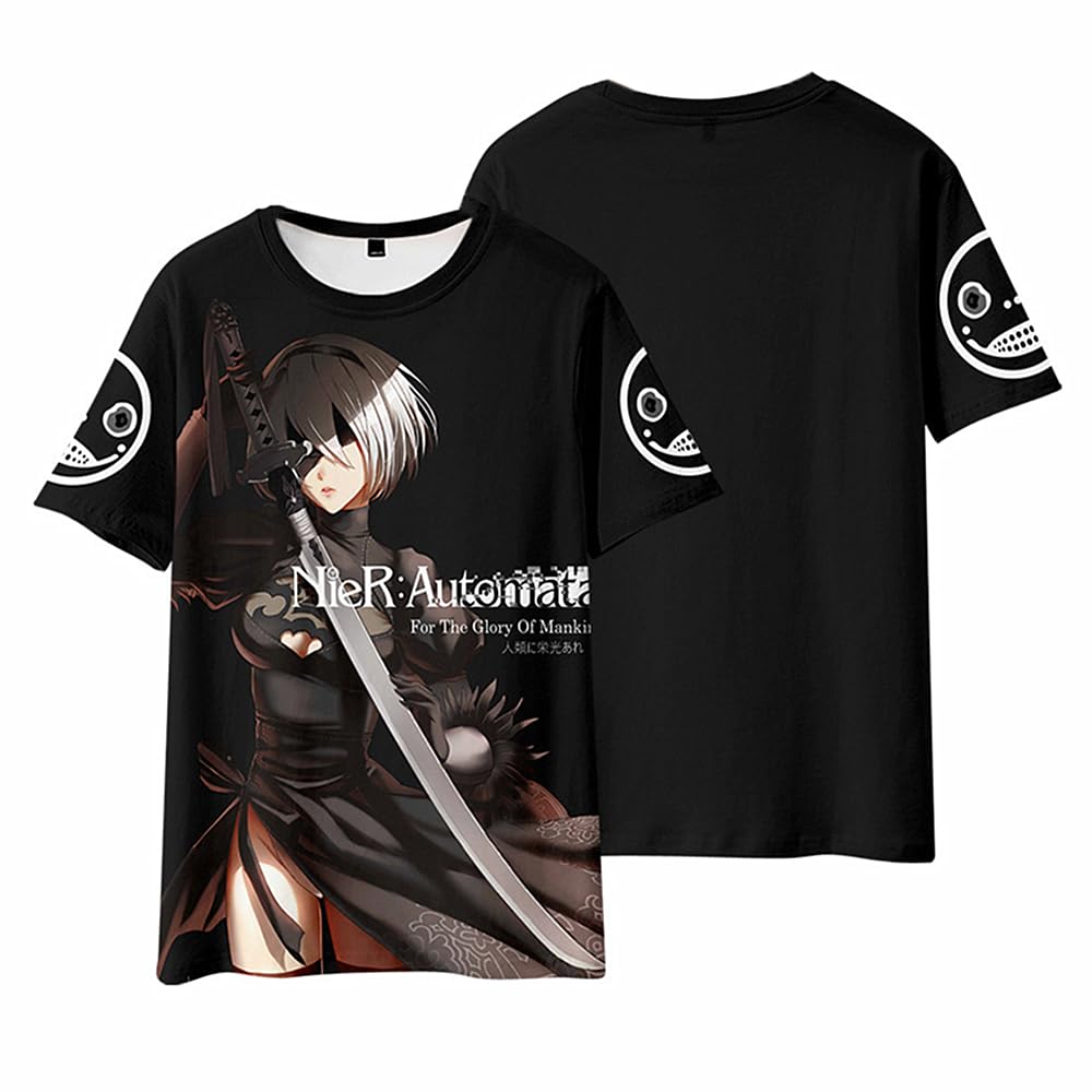 Charous Unisex Black 2 Anime Game Nier:automata Yorha No.2 Type B Cartoon Digital Printing T-Shirt Used For Manga 2B Fans Cosplay Gift
