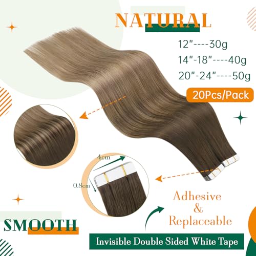 Easyouth Balayage Tape in Hair Extensions Human Hair Ombre Brown Tape in Human Hair Extensions Tape ins Balayage Brown to Blonde Tape Extensions Real Human Hair 22 Inch 50g 20Pcs - Image 3